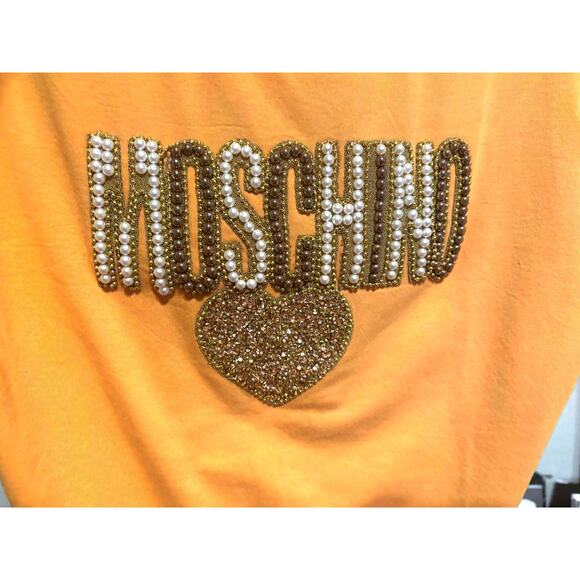 Moschino Rare Orange Rhinestone Logo Heart T-Shirt Size M Sparkle Designer Tee - Picture 3 of 4